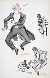Herr in weißer Krawatte und Herr mit Melone probieren das Tanzen zu Jazz aus, gespielt von zwei Musikern am Saxophon und Banjo, aus White Bottoms, veröffentlicht 1927